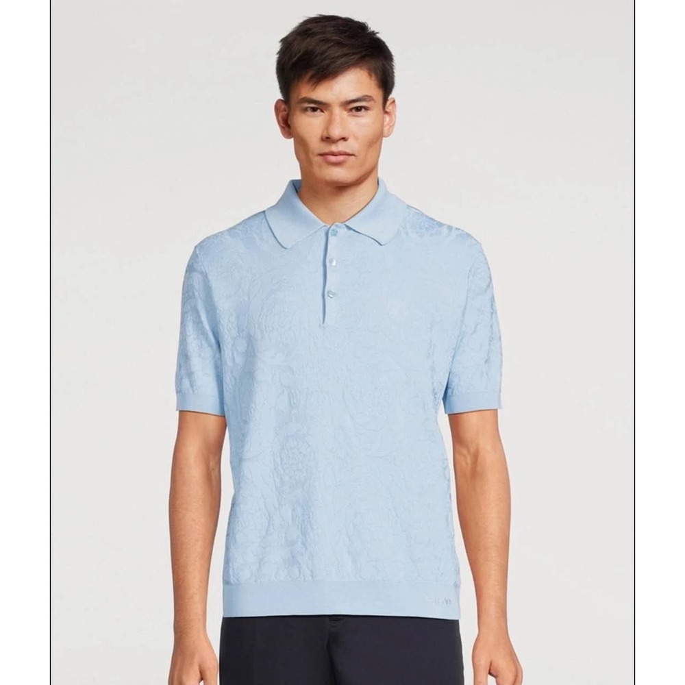 NWT $1275 Versace Pale Blue‎ Silk Cotton Barocco Textured Polo Shirt - Authentic